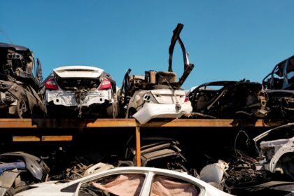 Rangées de voitures accidentées entreposées à l'air libre dans une casse automobile